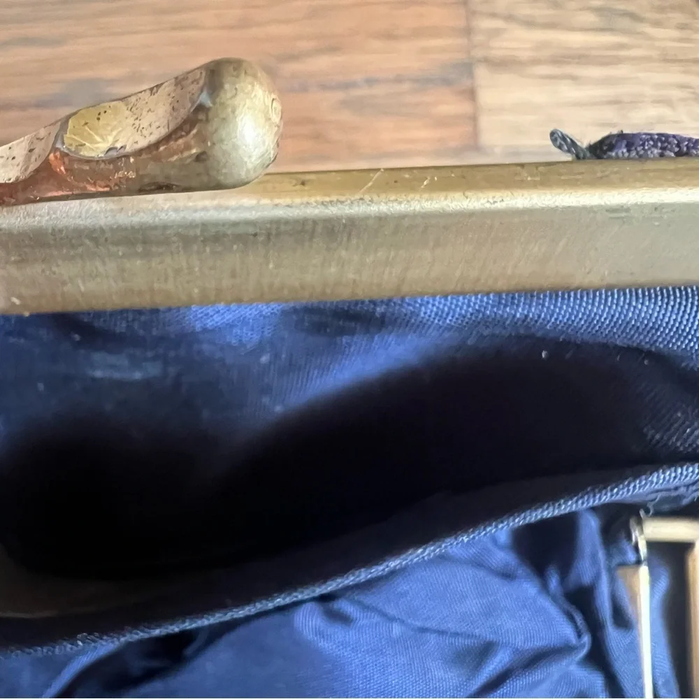 Vintage Blue Pleated Wristlet Clutch with Gold Frame